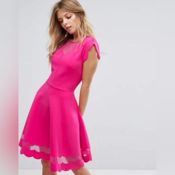 Ted Baker Sharlot Fit & Flare Pink Cap Sleeve Mesh Panel Dress | Size Medium - Picture 1 of 16